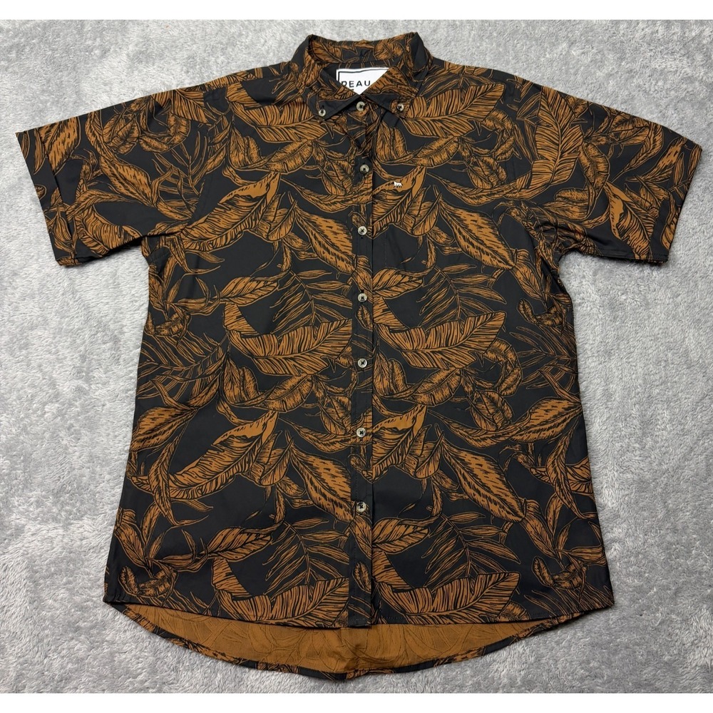 Peau de Loup Shirt 12 Black Tan Button Down Short Sleeve Tropical Palm Cotton